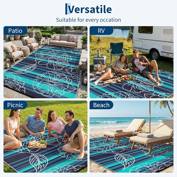 Garvee 5x8 Outdoor Waterproof Rug, Floral Outdoor Area Rug，Reversible Plastic Straw Patio Rug, Portable Camping Mat for RV, Picnic, Beach, Balcony, Garden & Camping Black&Blue