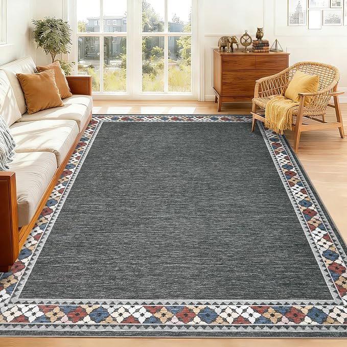 Garvee 5x7 Area Rugs Tribal Border Washable Rugs Living Room, Dark Gray | Floral Border Area Rug Stain Resistant Easy Cleaning Throw Rugs Non Shedding Low Pile Floor Cover for Nursery Dining Room