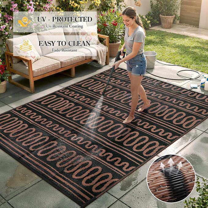 Beeiva Waterproof Outdoor Rug 6x9 for RV Camping, Reversible Outdoor Mat for Porch, Balcony, Picnic, Plastic Straw Rug Black Brown