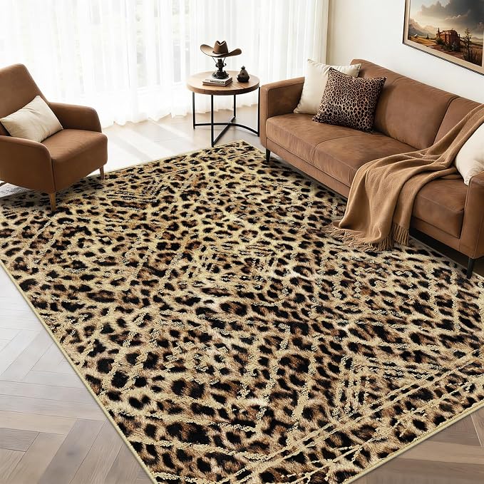 5'x7' Washable Area Rug for Living Room Bedroom Leopard | Soft Western No Slip Low Pile Print Foldable Indoor for Kitchen Dining Room