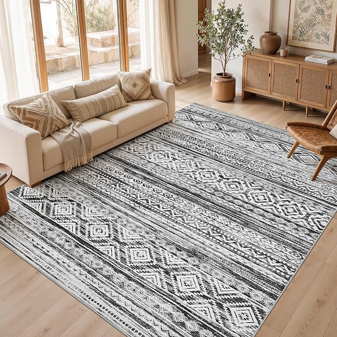 cotiled Boho 7x10 Area Rug for Living Room: Large Moroccan Washable Rug | Solve Modern Neutral Trendy Home Decor - Stain Resistan Indoor Carpet for Bedroom Farmhouse Dining Room White Black