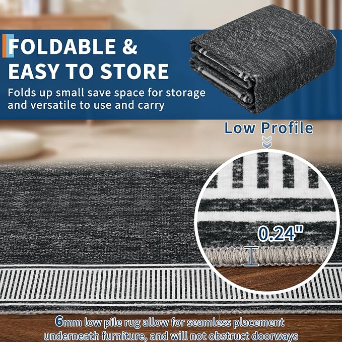 GarveeHome Living Room Area Rug 8x10 Modern Striped Border Throw Carpet | with Rubber Backing Low Pile Stain Resistant Dining Room Rug Contemporary Bordered Carpet for Home Office, Black