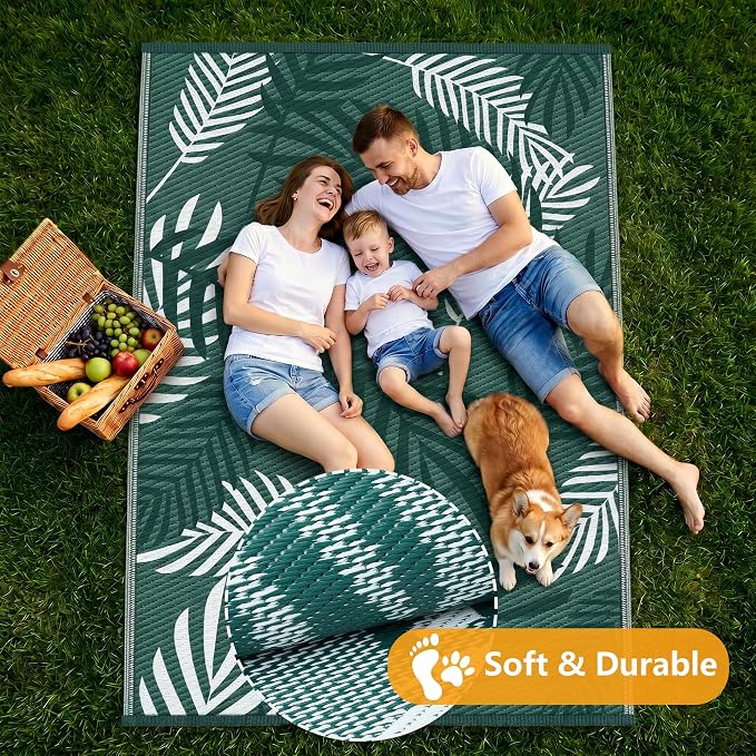 Kohree Outdoor Rug Waterproof 9x12, Reversible Outdoor Plastic Straw Rug with Leaf Pattern, Easy-Cleaning RV Mat Carpet for Patio,Porch, Camping, Balcony, Deck, Backyard, Green
