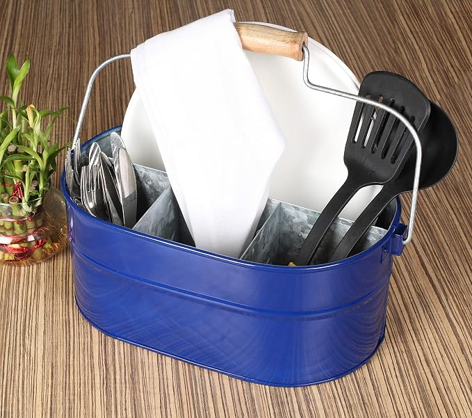 Alpha Living Home 4 -Section Galvanized Utensil Silverware Caddy - Farmhouse Organizer with 4 Compartments and Wooden Handle - Versatile Storage for Kitchen, Outdoor & Party Essentials (Blue)