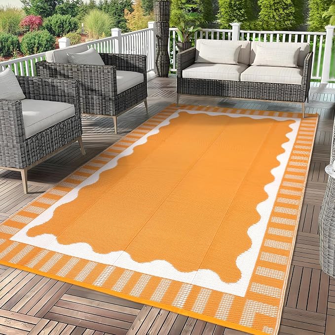Garvee Large Waterproof Outdoor Rug 9x12 Outdoor Patio Rug, Modern Scalloped Reversible Plastic Straw Camping Rugs, Bordered Outside Carpet for Picnic Backyard Deck Balcony Trailer, Orange