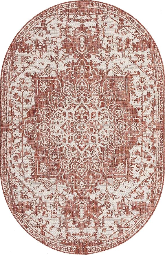 Unique Loom Jill Zarin Outdoor Collection Area Rug - Dubai (5' 3'' x 8' Oval, Rust Red/ Ivory)