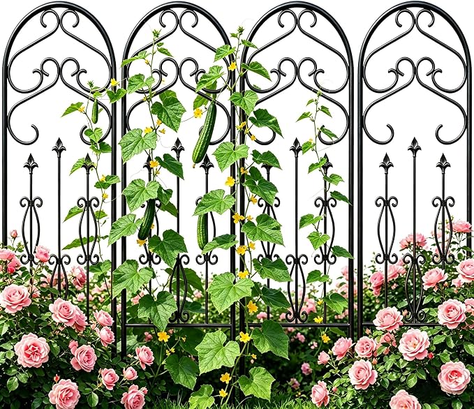AMAGABELI GARDEN & HOME 4 Pack Large Garden Trellis for Climbing Plants Outdoor 60” x 18” Iron Plant Trellis for Potted Plant Support Tall Wall Metal Trellis Rose Vine Cucumber Bronze