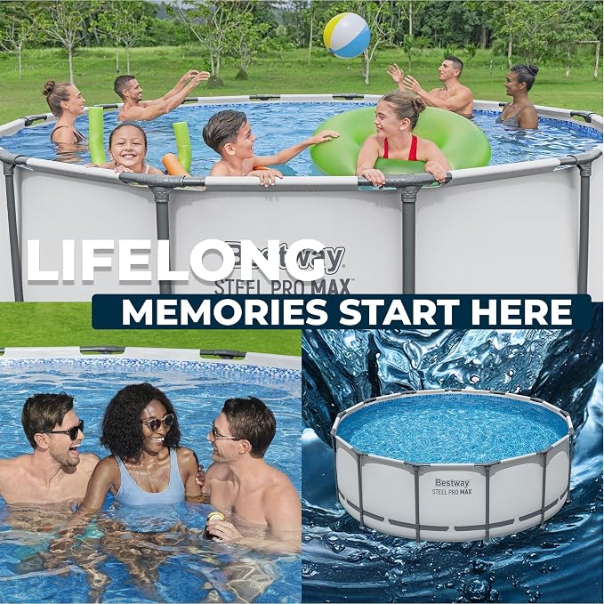 Bestway Steel Pro MAX 13' x 48" Above Ground Swimming Pool Set with Pump | Durable Round Metal Frame Outdoor Backyard Pool, Puncture-Resistant Liner - Ladder and Cover Included, Gray