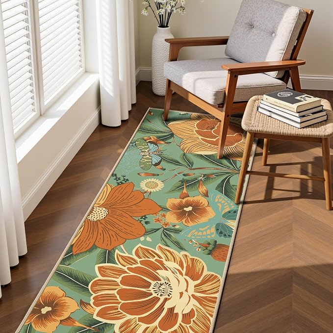 Tyrot Sage Green Boho Floral 2x6 Washable Kitchen & Hallway Runner Rug Ultra-Thin Flat Woven Low Pile Botanical Runner Rug Non-Slip Indoor Butterfly Runner for Entryway, Laundry, Bathroom and Bedroom