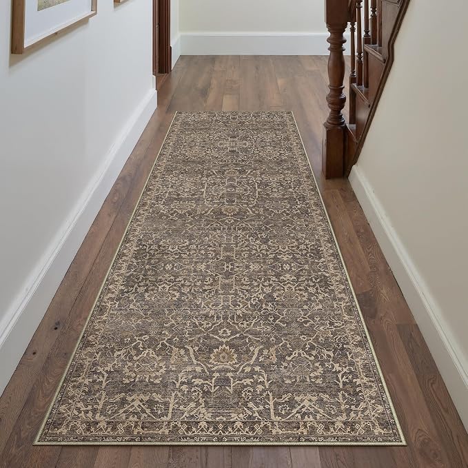 2'6''x8 Brown Vintage Floral Washable Runner Rug for Hallway | Low Pile, Non Slip, Retro Style, Soft Distressed Indoor Rug for Entrance, Kitchen, Bedroom, Laundry Room, Home Decor