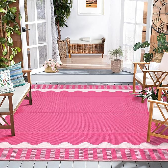 Garvee Scalloped RV Rugs for Outside 9x18 Patio Rugs Outdoor Waterproof, Modern Border UV Resistant Reversible Rug, Foldable Plastic Straw Carpet for Picnic, Backyard, Porch, Beach, Camper, Hot Pink