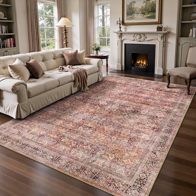 5x7 Area Rugs - Washable Vintage Retro Living Room Rug, Soft Ultra Thin Non Slip Low Pile Traditional Distressed Boho Carpet for Bedroom Dining Room Nursery Home Office, Vintage Iron Red