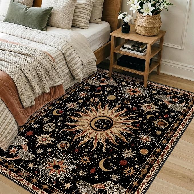 Vacuum-Friendly, 3x5 Washable Area Rug, Black Gold Beige Red | Sun and Moon Boho Gothic Non-Slip Low Pile Living Roon Bedroom Dining Room Kitchen Entry Entryway Entrance Hallway Doormat