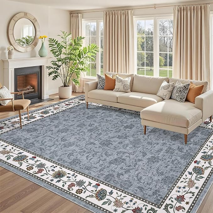 Garvee Area Rugs 9x12 Living Room Washable Rug Vintage Floral Rugs | Grey Boho Border Area Rug Stain Resistant Easy Cleaning Throw Rugs Low Pile Floor Cover for Nursery Dining Room Apartment