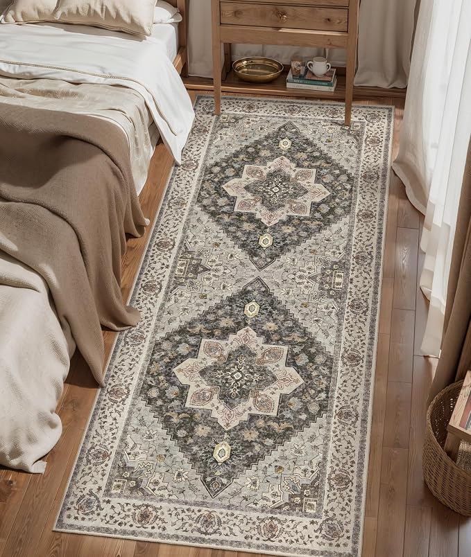 Tangsoo 2x6 Washable Runner Rugs for Hallway, Vintage Non Slip Rug Runners | Farmhouse Soft Low Pile Rug, Boho Print Carpet Runners for Kitchen Bedroom Entryway Bathroom Living Room Grey/Multi Decor