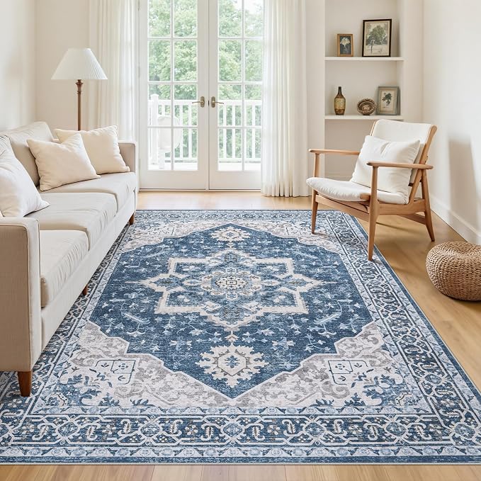 5x7 Washable Area Rugs for Bedroom Blue Non-Slip Rug | Vintage Medallion Rug，Soft Low Pile Large Rugs，Indoor Retro Carpet for Bedroom Nursery Dining Table Farmhouse Home Office