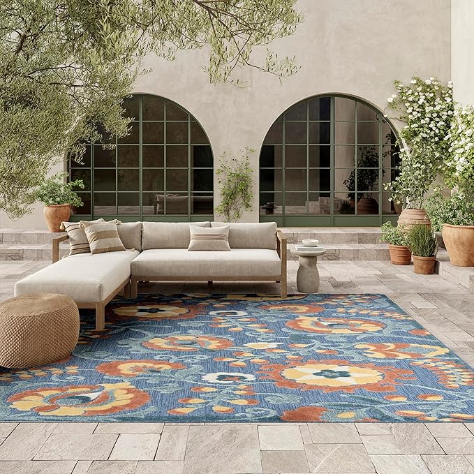 Nourison Home Aloha Blue Rose 7'10" x 10'6" Area Rug - Easy Clean, Non Shedding, Bed Room, Living Room, Dining Room, Kitchen (8' x 11')