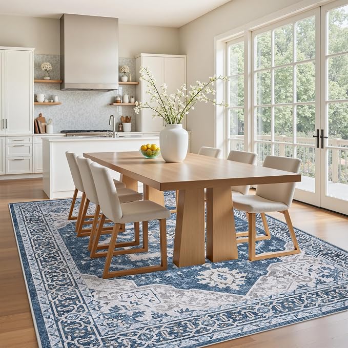 6x9 Washable Area Rugs for Living Room Blue Non-Slip Rug | Vintage Medallion Rug，Soft Low Pile Large Rugs，Indoor Retro Carpet for Bedroom Nursery Dining Table Farmhouse Home Office