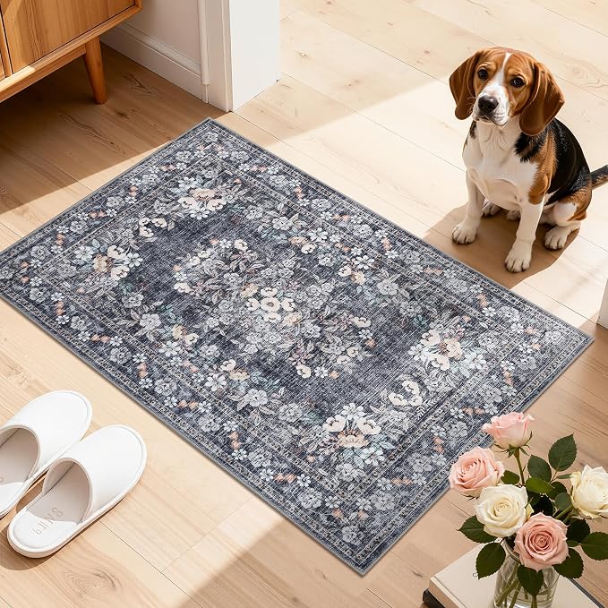 GarveeHome Washable 2x3 Vintage Rug for Hallway Floral Accent Mat | Boho Botanical Small Accent Mats Non-Slip Low Pile Bordered Kitchen Floor Carpets Flower Area Rugs for Bathroom Porch Blue