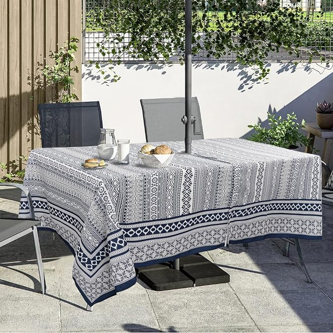 Outdoor Tablecloth with Umbrella Hole and Zipper, Rectangle Patio Table Covers for Spring/Summer, Machine Washable Outdoor Picnic Table Cloth (Boho, 60" × 84" Rectangular)