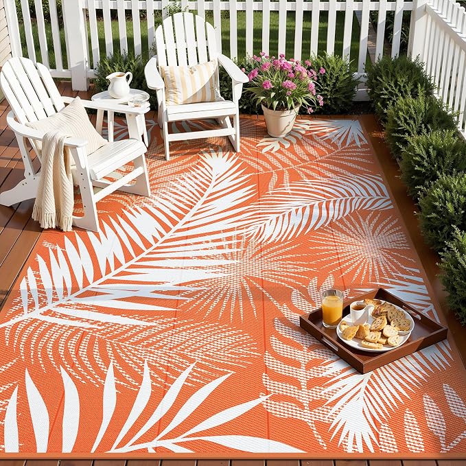 Outdoor Patio Rug, 6'x9' Plastic Straw Waterproof Mat, Reversible Camping Rug for RV Outside,Colorful Outside Layering Rug for Patios, Backyard, Deck, Balcony,Beach, Orange & White