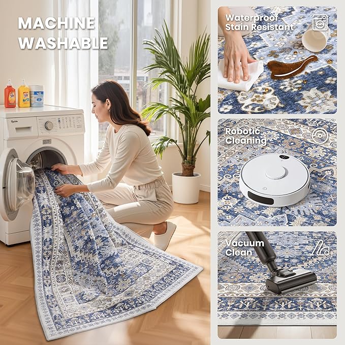 Round Rug 5ft,Circle Rug for Dining Room Table,Blue | Washable Rugs for Kitchen,Entryway,Bedroom,Dining Room,Nursery Room,Thin,Soft Runner Rug,Stain Resistant Indoor Carpet