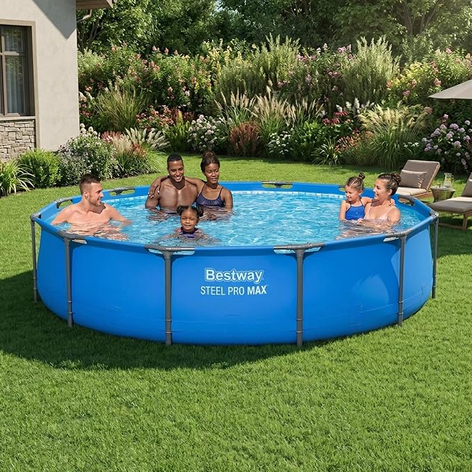 Bestway Steel Pro MAX 12' x 30" Above Ground Swimming Pool, Pool Only, Blue | Round Durable Metal Frame Pool, Outdoor Backyard Water Activity - Includes Puncture-Resistant Liner, No-Tool Setup