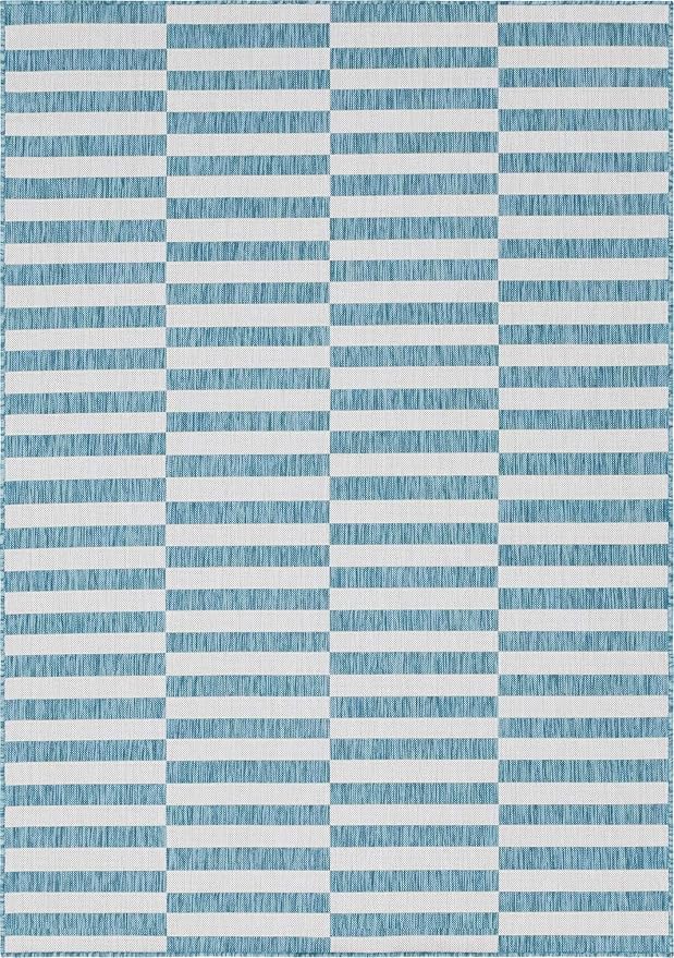 Unique Loom Outdoor Striped Collection Area Rug - Striped (7' 1" x 10' Rectangle, Light Aqua/Ivory)
