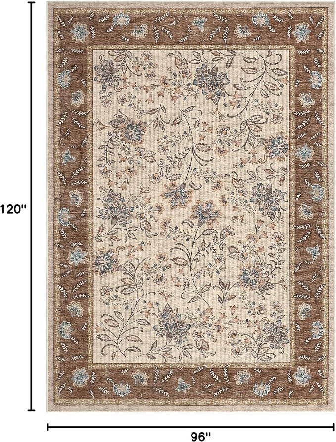 GarveeHome 8x10 Brown Washable Area Rug Living Room Bedroom Non Slip | Botanical Floral Print Rug Soft Floor Mat Carpet Indoor Thin Cottage core Rug for Dining Room Playroom Nursery Room