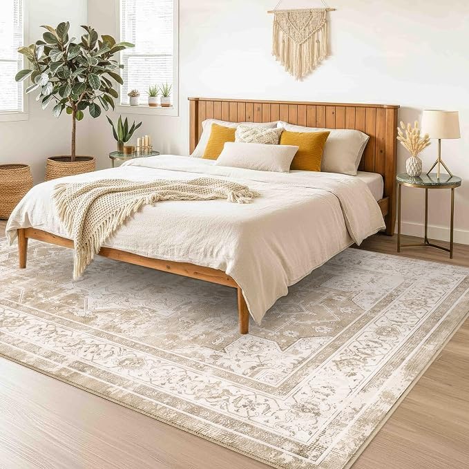 5x7 Area Rug for Living Room Vintage Neutral Washable Rugs | Stain Resistant Farmhouse Boho Floral Indoor Carpet for Bedroom Office and Home Decor(Beige&Brown)