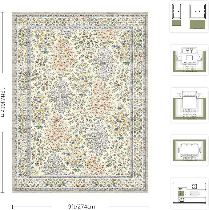 9x12 Area Rugs, Machine Washable Low Pile Floral Rugs for Living Room, Bedroom, Large Boho Area Rug with Non-Slip Backing for Dining Room(Beige Floral)