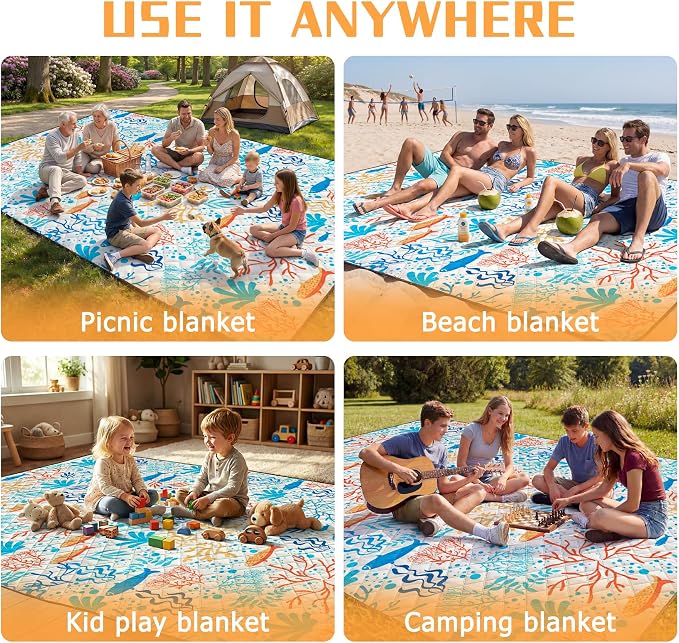79" x 118" Picnic Blanket Extra Large,Waterproof Sandproof Foldable Outdoor Blanket Beach Blanket Ocean Picnic Mat for Camping,Lawn,Park(Coral)