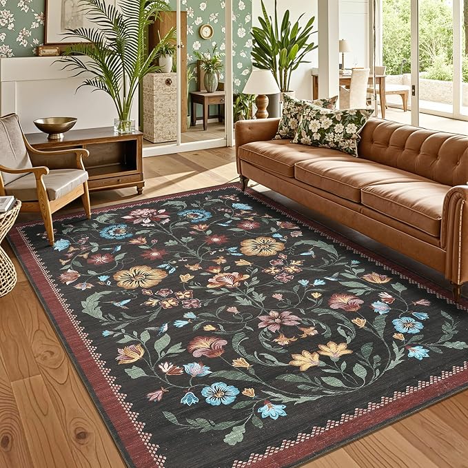 GarveeHome Washable Rug 3x5 Area Rugs for Living Room, Floral Rug for Bedroom, Soft Boho Non Slip Throw Rugs with Rubber Back, Low Pile Stain Resistant Vintage Floral Carpet for Dining Room, Red