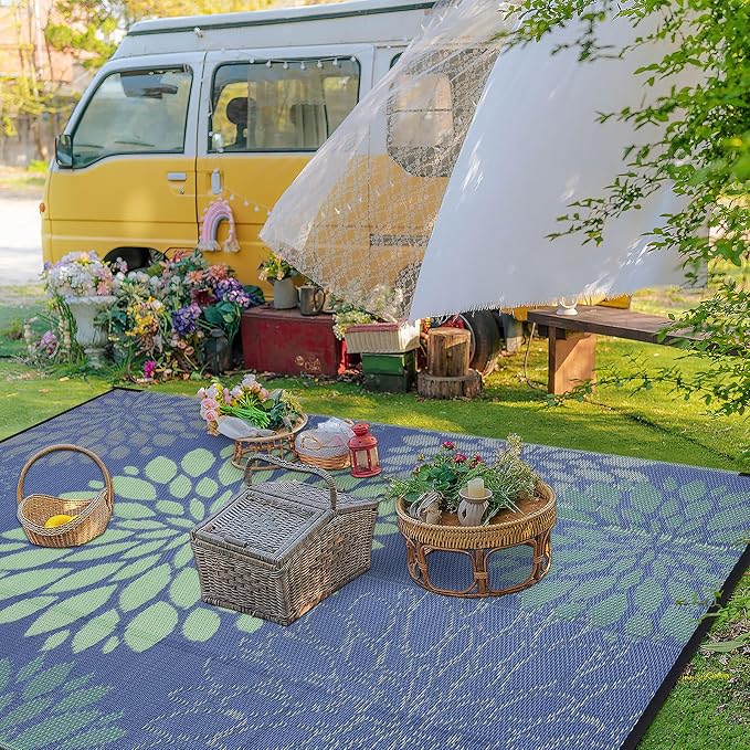 Ileading Waterproof Outdoor Rug 6x9, Reversible Plastic Straw Patio Rug, Portable Indoor Outdoor RV Camping Mat Carpet for Deck, Porch, Balcony, Backyard, Picnic, Floral Navy Blue