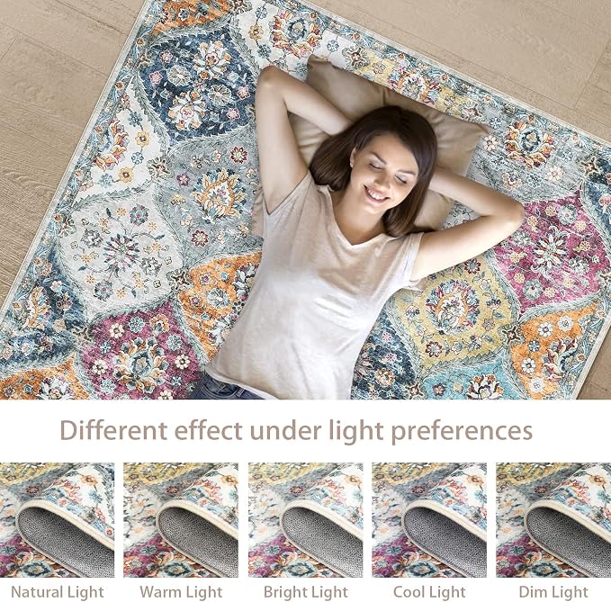 ROYHOME Round Rug 6ft Moroccan Trellis Washable Area Rug, Purple/Grey | Stain Resistant Non-Slip Circle Rug Vintage Distressed Round Throw Carpet for Living Room Bedroom Kids Room Playroom
