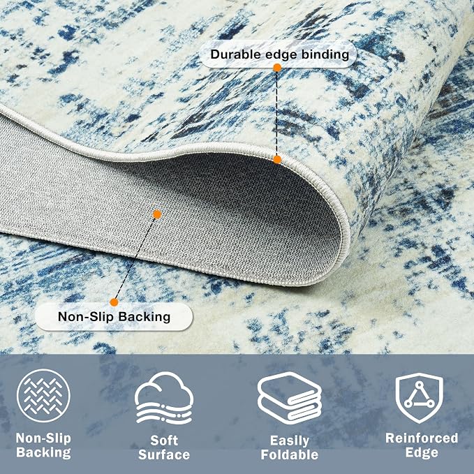 6x9 Washable Area Rug for Living Room Bedroom: Non-Slip Modern Blue Gray | Machine Washable TPR Backing, Stain-Resistant Low Pile, Pet & Kid Friendly, Abstract Decor for Dining Room, Dorm, Home Office