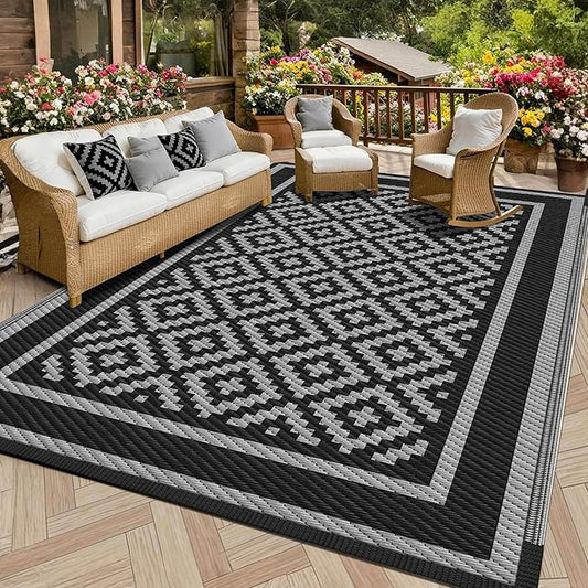 Kohree RV Outdoor Rug 9x12 Reversible, Waterproof Patio Mat with 4 Stakes & UV Fade Resistant, Non-Slip Outdoor Camping Mat for Deck, Picnic, Backyard, Includes Carry Bag (Black & Grey)