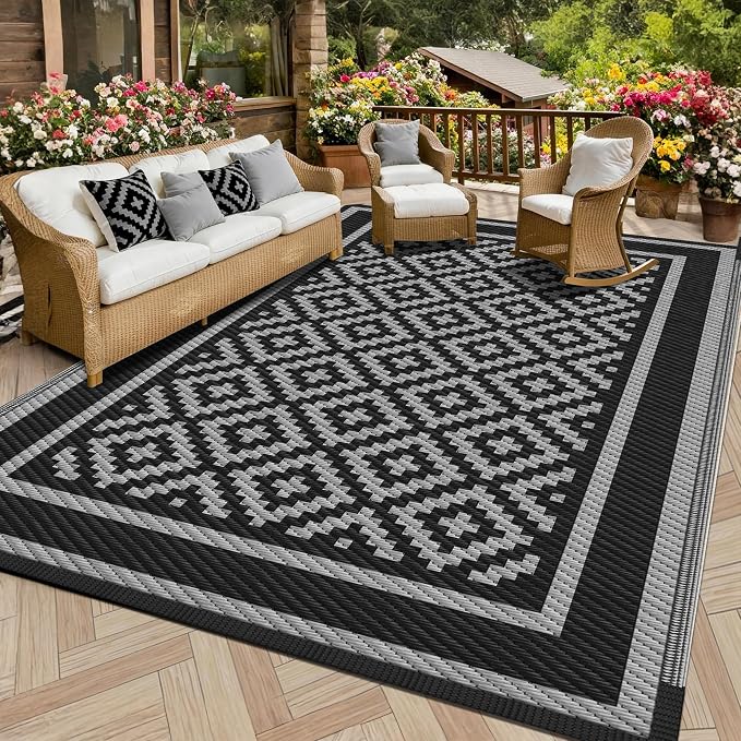 Kohree RV Outdoor Rug 8x10 Reversible, Waterproof Patio Mat with 4 Stakes & UV Fade Resistant, Non-Slip Outdoor Camping Mat for Deck, Picnic, Backyard, Includes Carry Bag (Black & Grey)