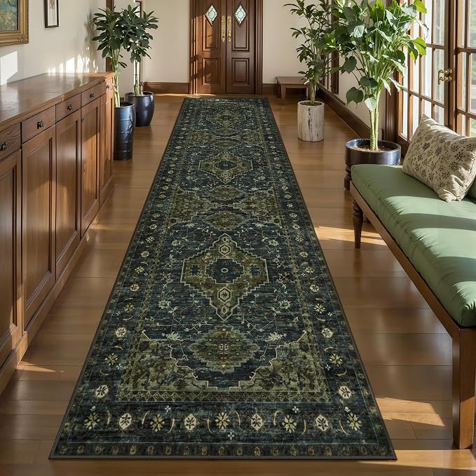 Tangsoo 3x10 Washable Hallway Runner Rug, Green Non Slip Long Runner Rug | Oriental Soft Low Pile 10ft Rug Runner, Vintage Boho Print Carpet Runners for Hallway Kitchen Bedroom Entryway Dark Green