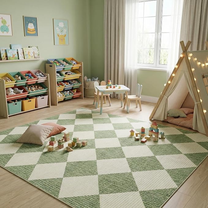 GarveeHome 5x7 Checkered Area Rug Sage Green Washable Living Room Rug | Modern Geometric Farmhouse Carpet Soft Low Pile Non Slip Diamond Floor Mat Plaid Print Throw Rug for Dining Room Playroom