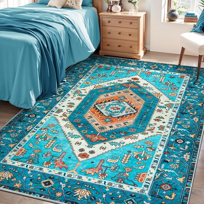 SERISSA 4x6 Washable Non Slip Boho Area Rug for Bedroom，Blue | Ultra Soft Vintage Oriental Carpet Low-Pile Distressed Tribal Throw Carpet for Entry Living Room Nursery Kitchen Dorm Decor