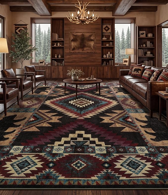 YIHOUSE Rustic Cabin Area Rug 9x12, Lodge Wildlife Bear Washable Large Area Rug, Southwestern Rustic Rugs for Living Room