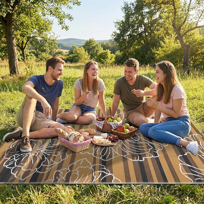 Garvee 5x8 Outdoor Waterproof Rug, Floral Outdoor Area Rug，Reversible Plastic Straw Patio Rug, Portable Camping Mat for RV, Picnic, Beach, Balcony, Garden & Camping Black&Brown