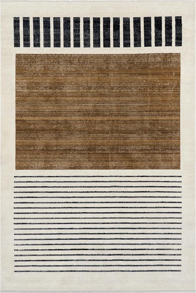 nuLOOM Keeva Beige Striped Power Loomed Area Rug, 4' x 6' 5" | nuLOOM 4' x 6' 5" Fringed Performance Area Rug, Beige