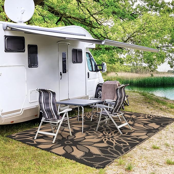 GENIMO Outdoor Rug Waterproof for Patio Decor, 6' x 9' Reversible Plastic Straw Floral Camping Carpet, Large Area Rugs Mats for RV, Camper, Deck, Balcony, Porch, Beach, Picnic, Black & Brown