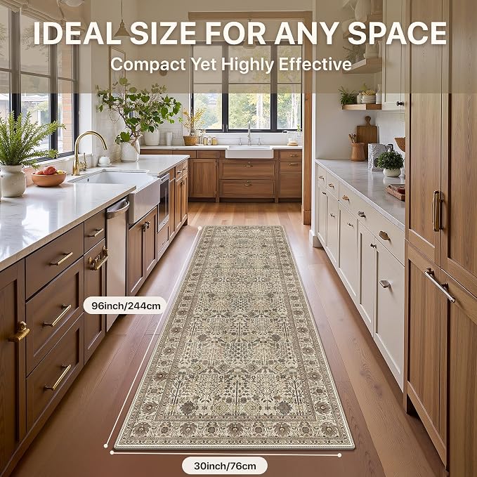 2'6" x 8' Kitchen Runner Rug, Washable Non Slip, Dark Espresso | Vintage Floral, Spill Resistant, Lightweight Low Pile Carpet for Hallway, Bedroom, Laundry Room and Bathroom