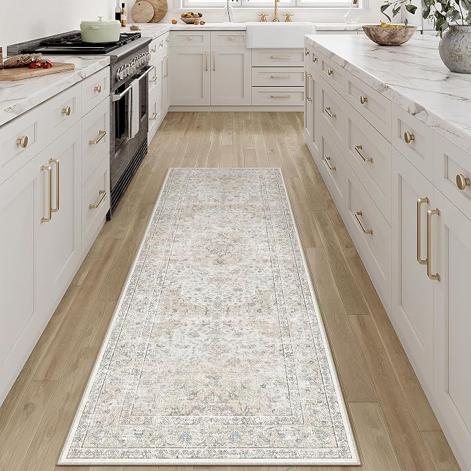 2x5 Washable Runner Rug Beige Grey Non Slip Vintage Carpet | Low Pile, Stain Resistant, Kitchen, Bedroom, Entryway, Laundry Room, Hallway, Soft, Thin, Lightweight