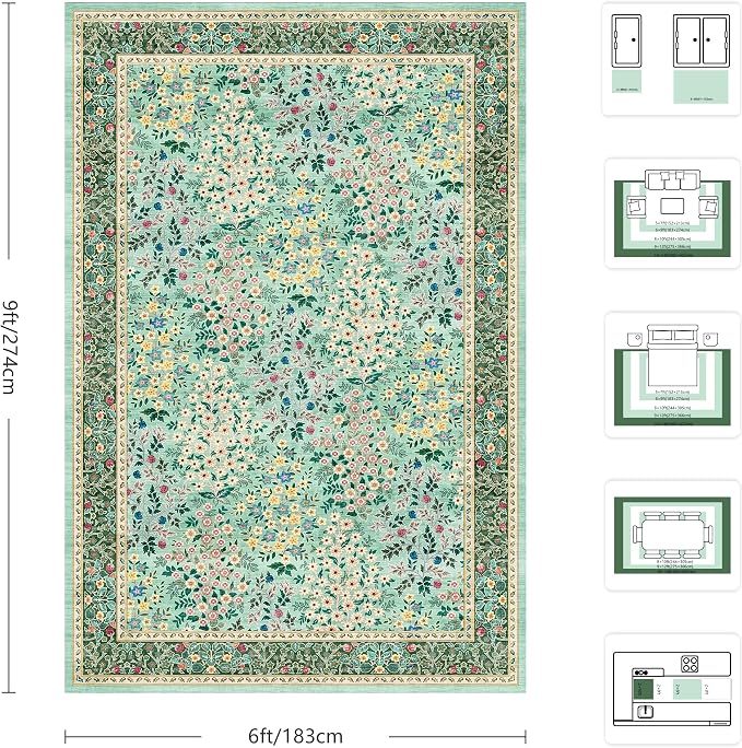 6x9 Area Rugs, Washable Floral Area Rugs for Living Room, Indoor Area Rug for Bedroom, Dining Room, Low Pile Non-Slip Non Shedding Rug(Green Floral)