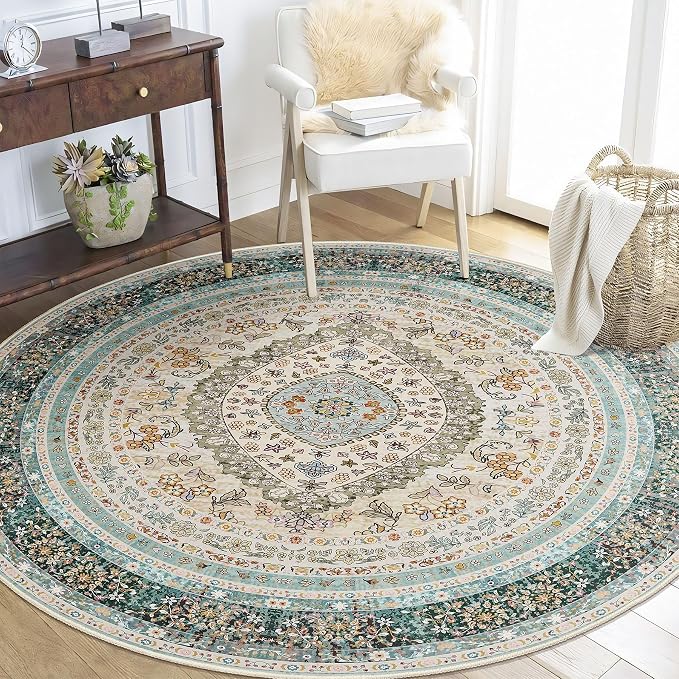 Round Area Rugs 5ft Washable,Blue Rug for Living Room Bedroom | Large Boho Vintage Bohemian Distressed Oriental Carpet Non Slip for Dining Room,Floral