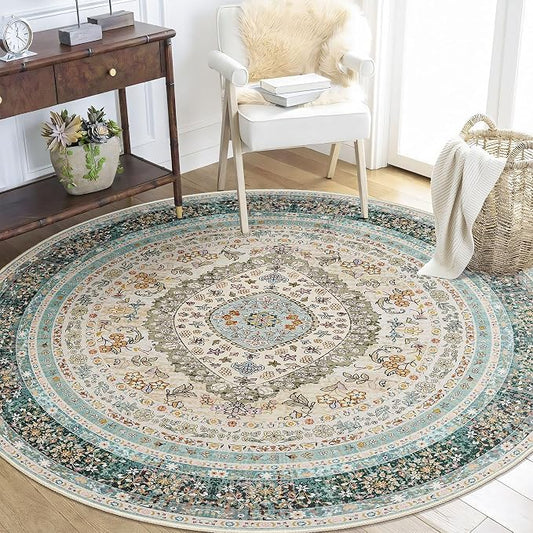 Round Area Rugs 5ft Washable,Blue Rug for Living Room Bedroom | Large Boho Vintage Bohemian Distressed Oriental Carpet Non Slip for Dining Room,Floral